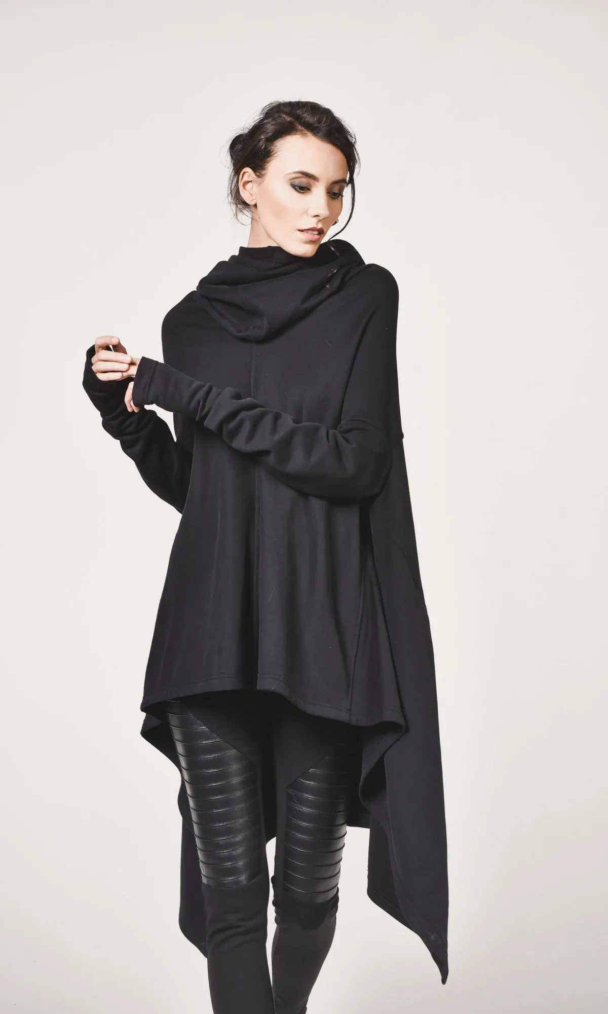 High Collar Hoodie with Asymmetric Hem