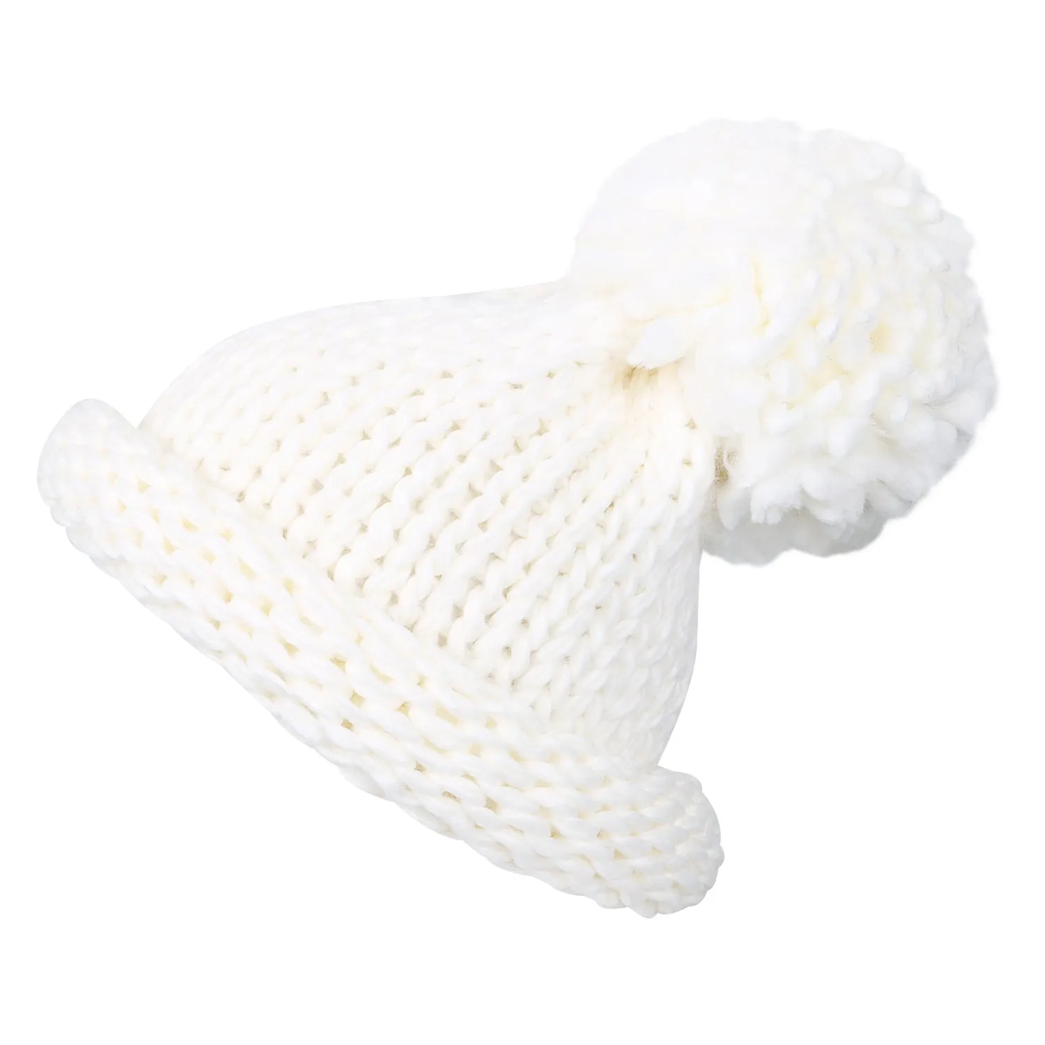 ililily Solid Color Fold Over Long Pompom Beanie Winter Ribbed Knit Slouchy Hat