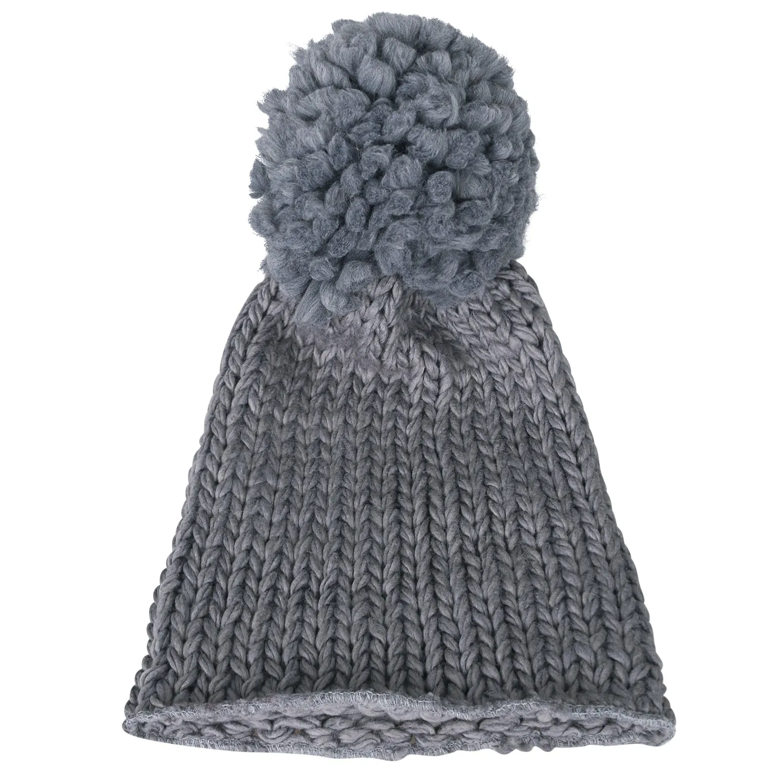 ililily Solid Color Fold Over Long Pompom Beanie Winter Ribbed Knit Slouchy Hat