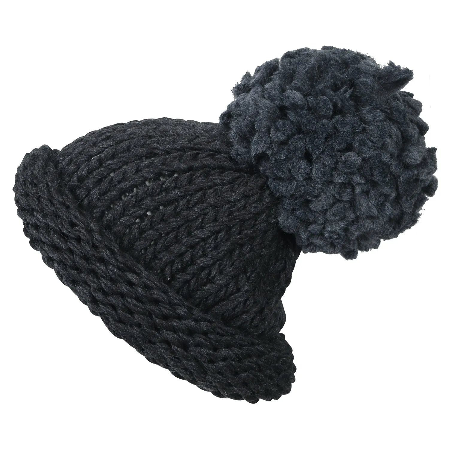 ililily Solid Color Fold Over Long Pompom Beanie Winter Ribbed Knit Slouchy Hat