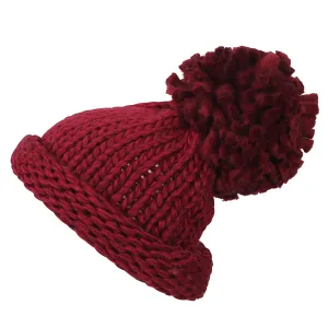 ililily Solid Color Fold Over Long Pompom Beanie Winter Ribbed Knit Slouchy Hat