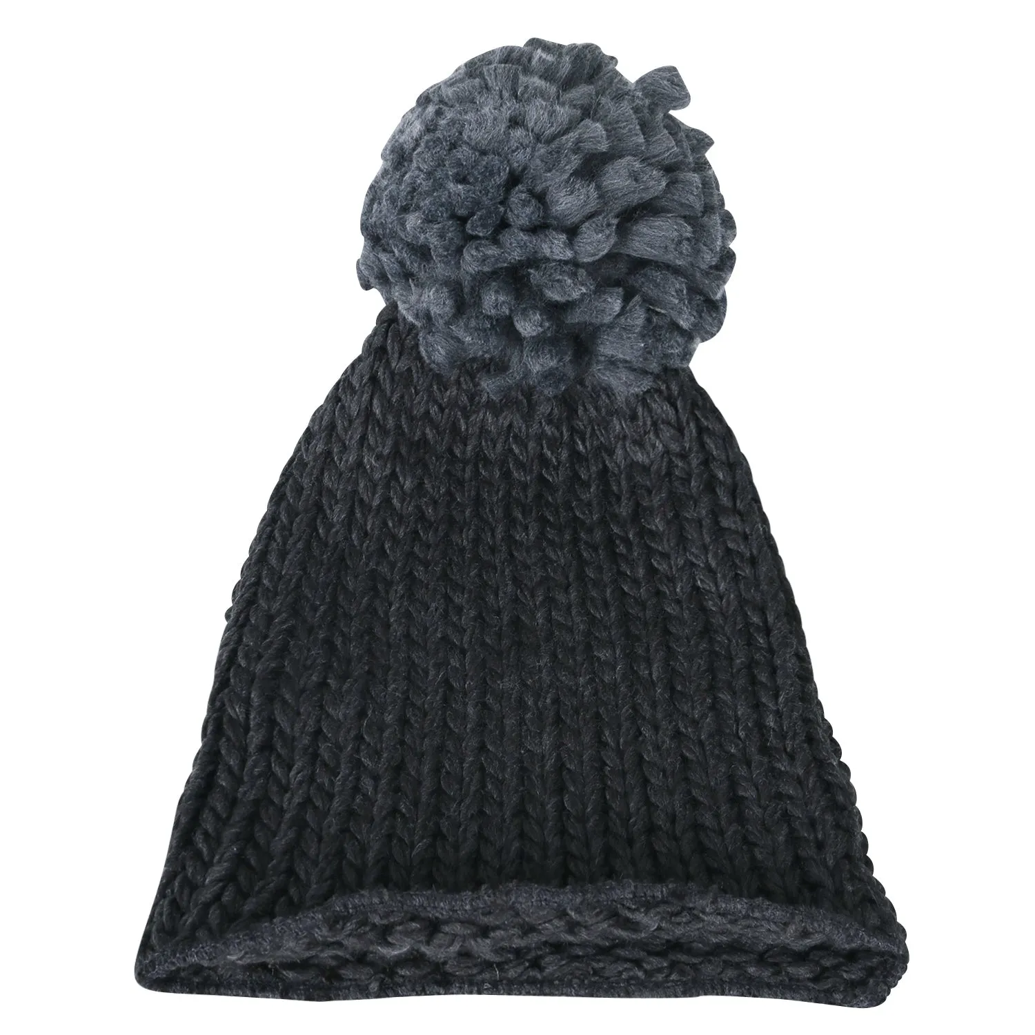 ililily Solid Color Fold Over Long Pompom Beanie Winter Ribbed Knit Slouchy Hat