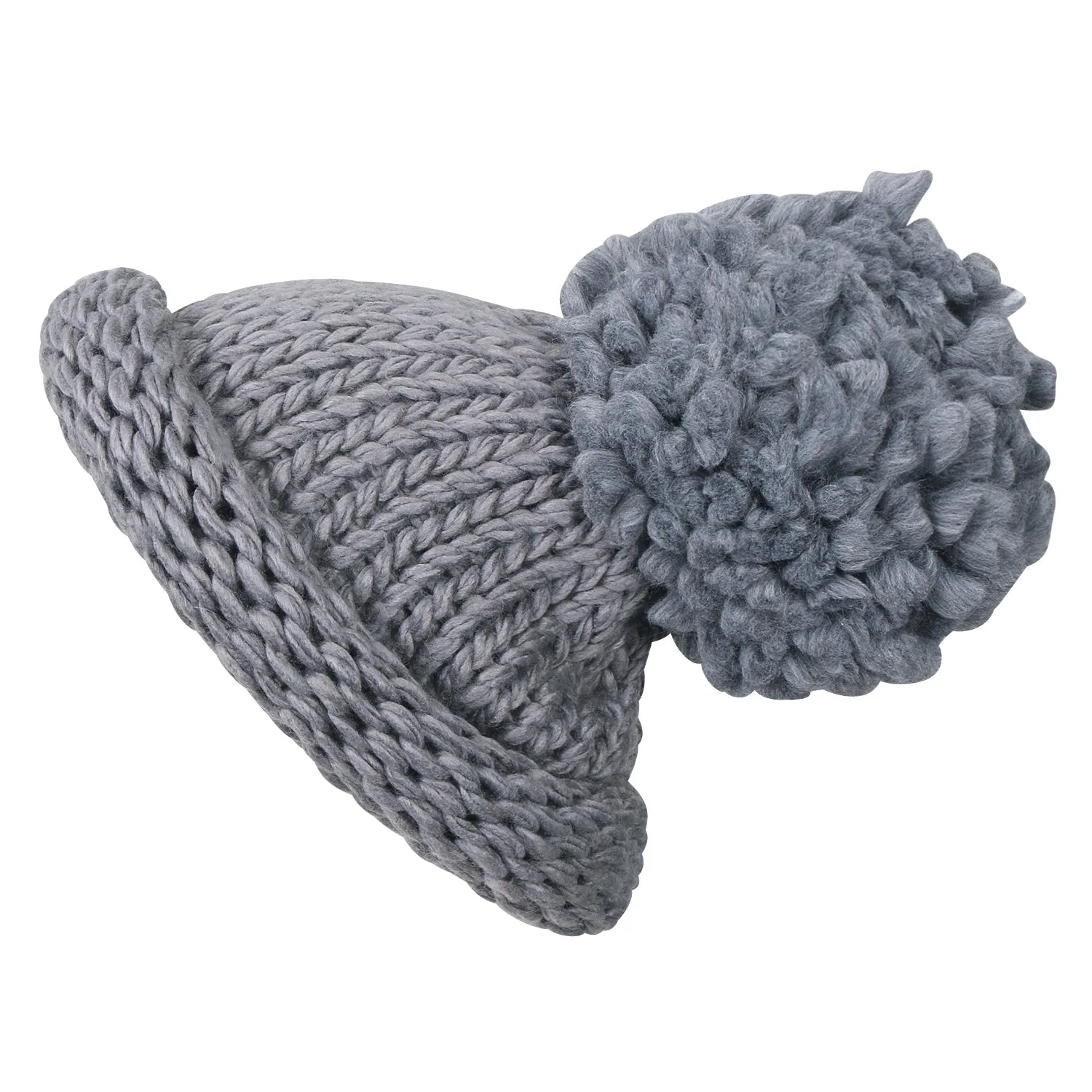 ililily Solid Color Fold Over Long Pompom Beanie Winter Ribbed Knit Slouchy Hat