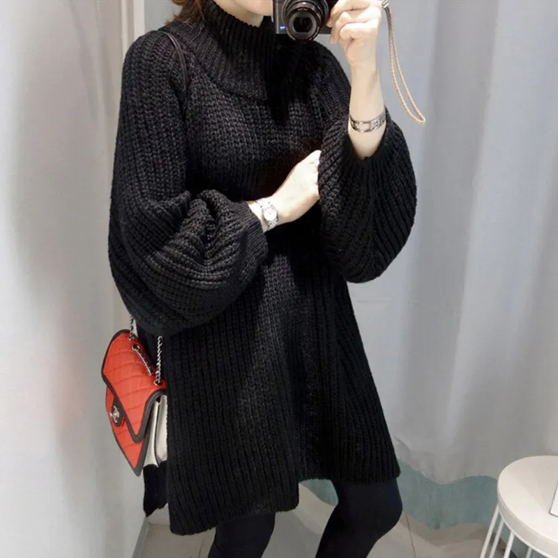 Joskaa Autumn Winter Thick Long Sweater Women Lantern Sleeve Side Slit Half Turtleneck Sweaters Pullovers Oversized pull hiver femme