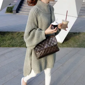 Joskaa Autumn Winter Thick Long Sweater Women Lantern Sleeve Side Slit Half Turtleneck Sweaters Pullovers Oversized pull hiver femme