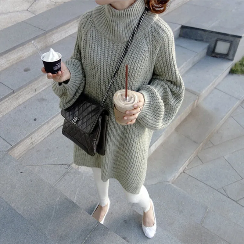 Joskaa Autumn Winter Thick Long Sweater Women Lantern Sleeve Side Slit Half Turtleneck Sweaters Pullovers Oversized pull hiver femme