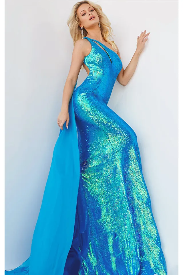 Jovani 08012 Size 0 White Iridescent One Shoulder Keyhole Neckline Floor Length Cape Prom Dress