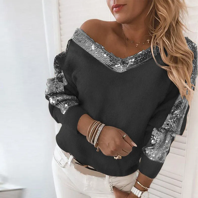 Julia Fashion - One-shoulder Sequined T-Shirts