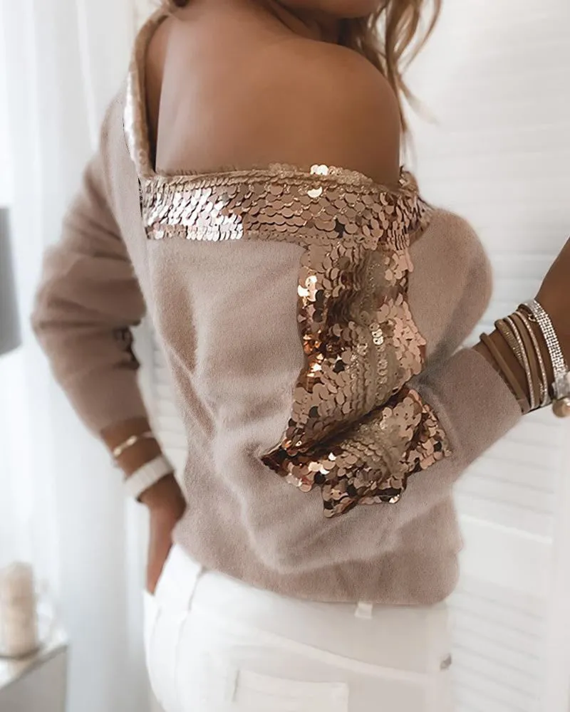 Julia Fashion - One-shoulder Sequined T-Shirts