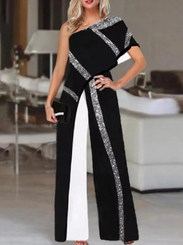 Jumpsuits Sequined One-Shoulder Wide-Leg Jumpsuit for Women