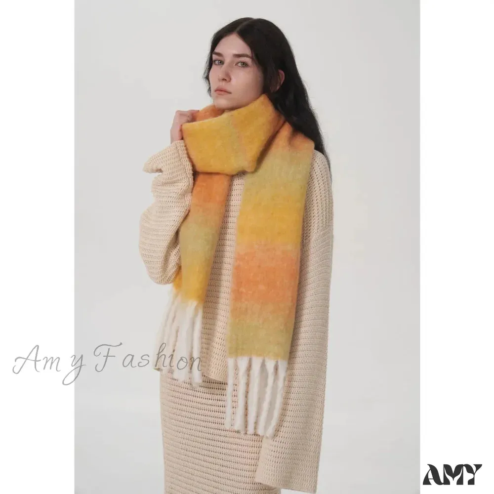Light Luxury Gradient Color Wool Striped Fringed Mohair Scarf