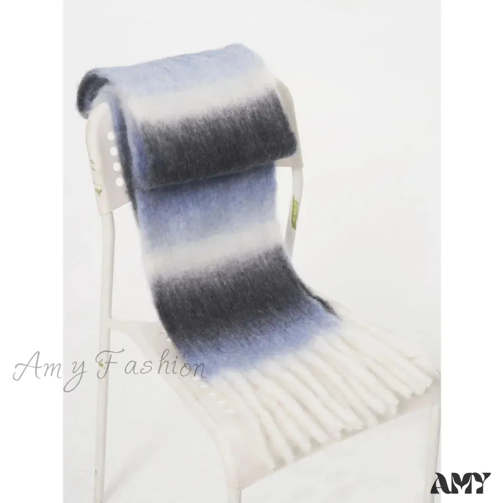 Light Luxury Gradient Color Wool Striped Fringed Mohair Scarf