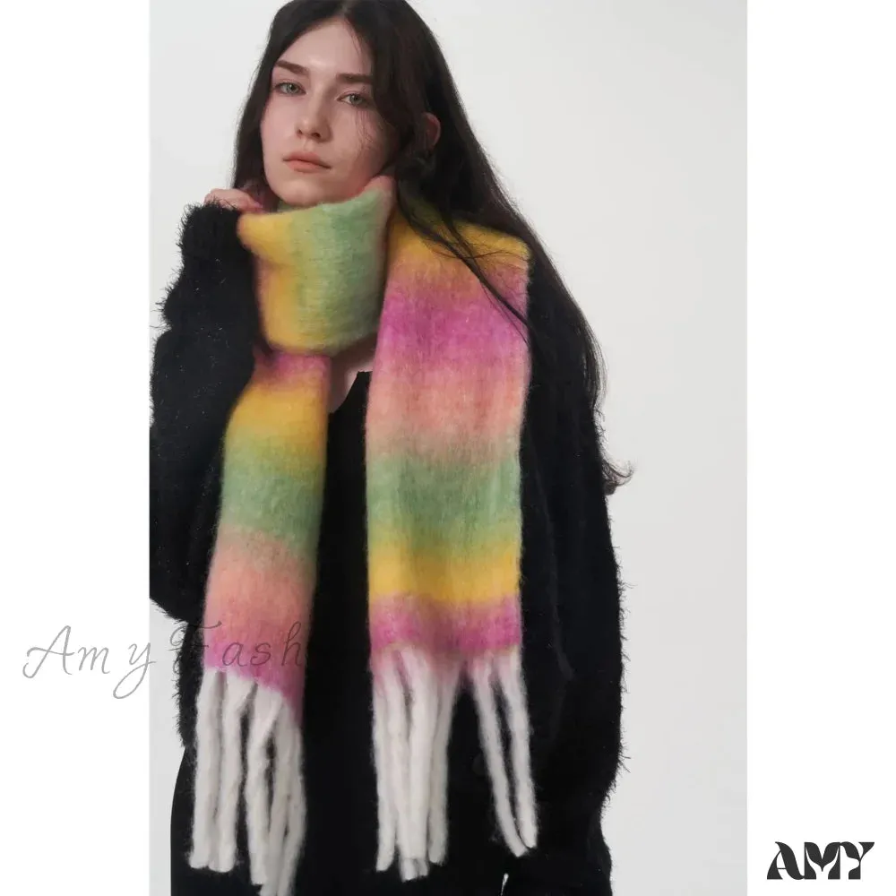 Light Luxury Gradient Color Wool Striped Fringed Mohair Scarf