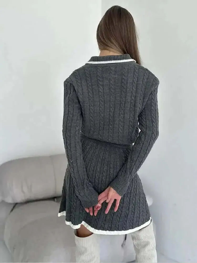 Long Sleeved Knitted Sweater Mini Skirt Two-piece Set Women