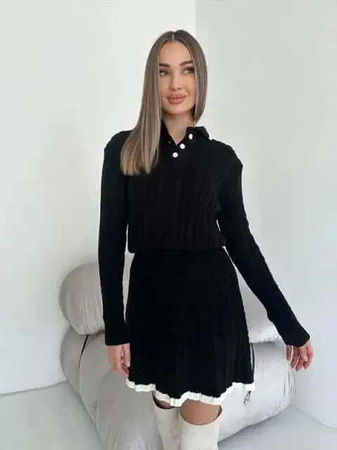 Long Sleeved Knitted Sweater Mini Skirt Two-piece Set Women
