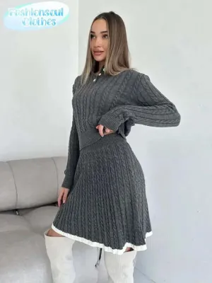 Long Sleeved Knitted Sweater Mini Skirt Two-piece Set Women
