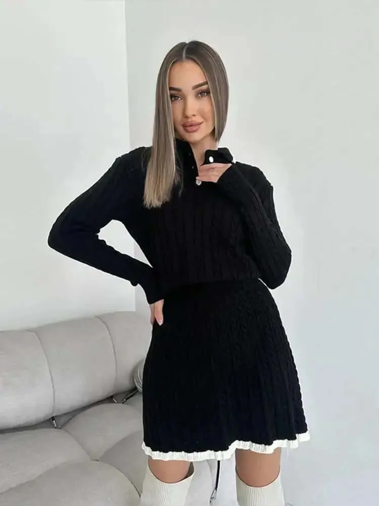 Long Sleeved Knitted Sweater Mini Skirt Two-piece Set Women