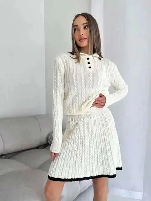 Long Sleeved Knitted Sweater Mini Skirt Two-piece Set Women