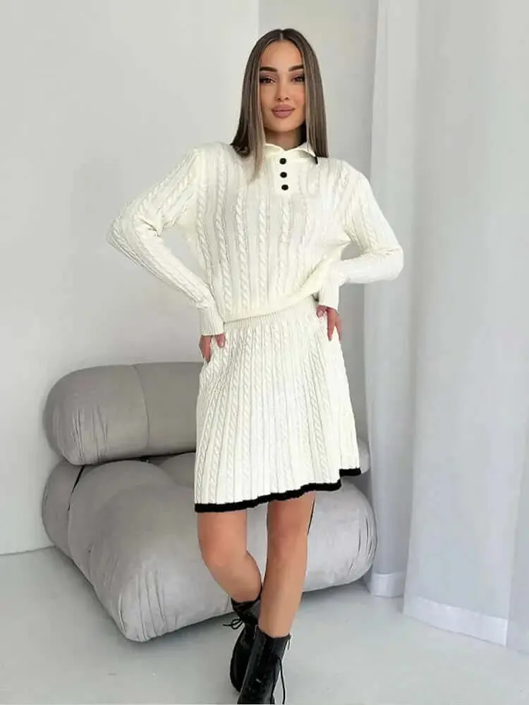 Long Sleeved Knitted Sweater Mini Skirt Two-piece Set Women