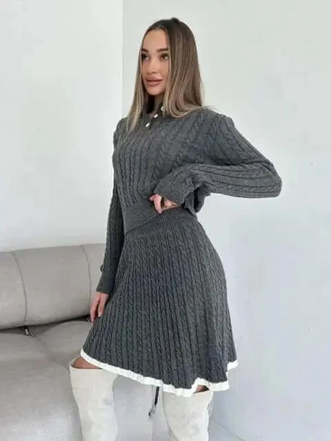 Long Sleeved Knitted Sweater Mini Skirt Two-piece Set Women