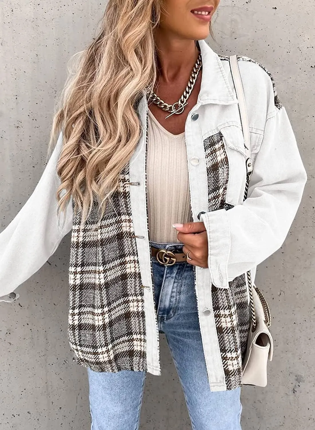 Long-Sleeved Plaid Button-Down Shirt Jacket