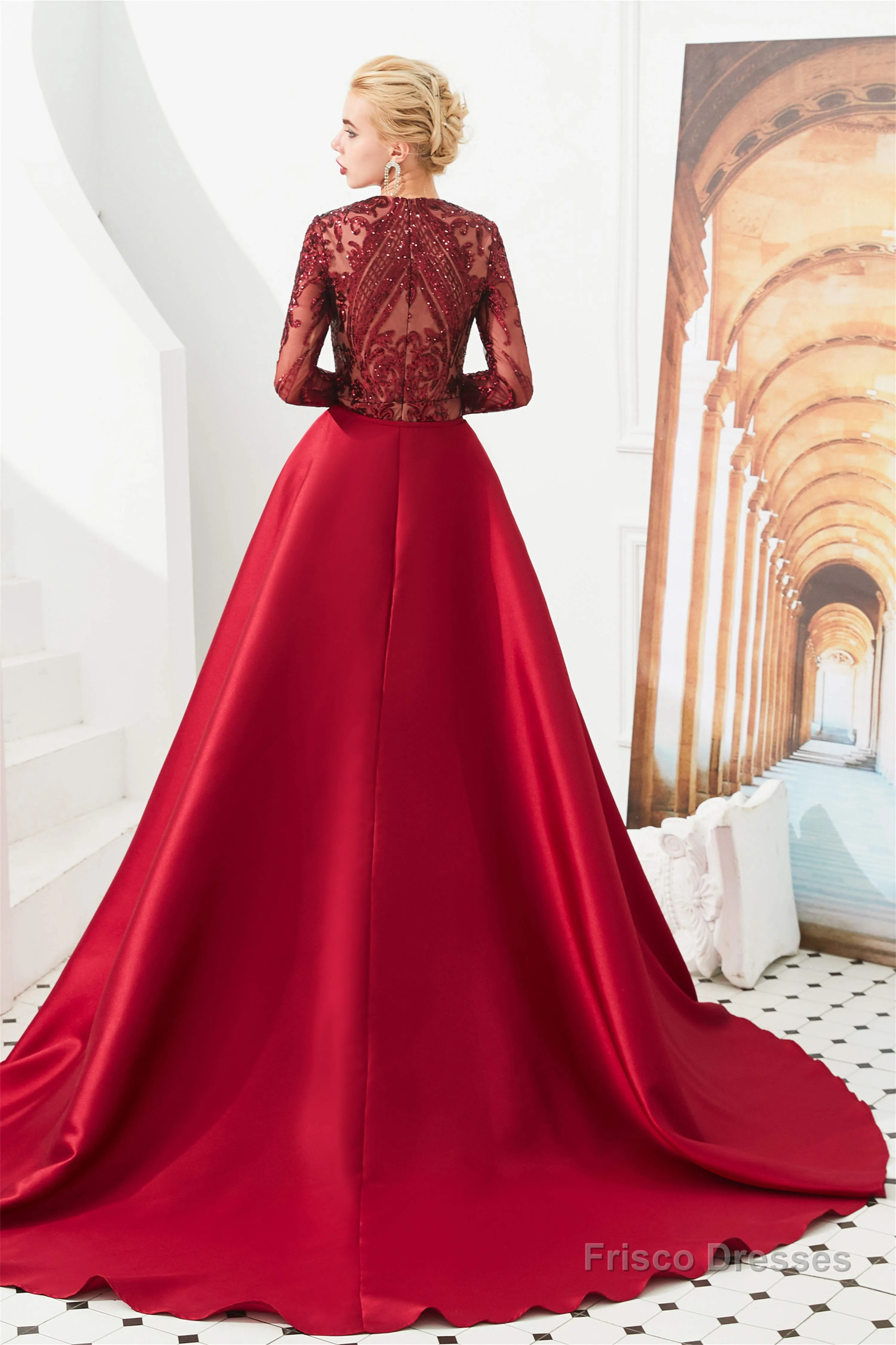 Long Sleeves Mermaid Detachable Train Prom Dresses with Train Sequined