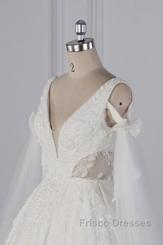 Luxury V-Neck Beadings Wedding Dress Tulle Sleeveless Sequined Bridal Gowns