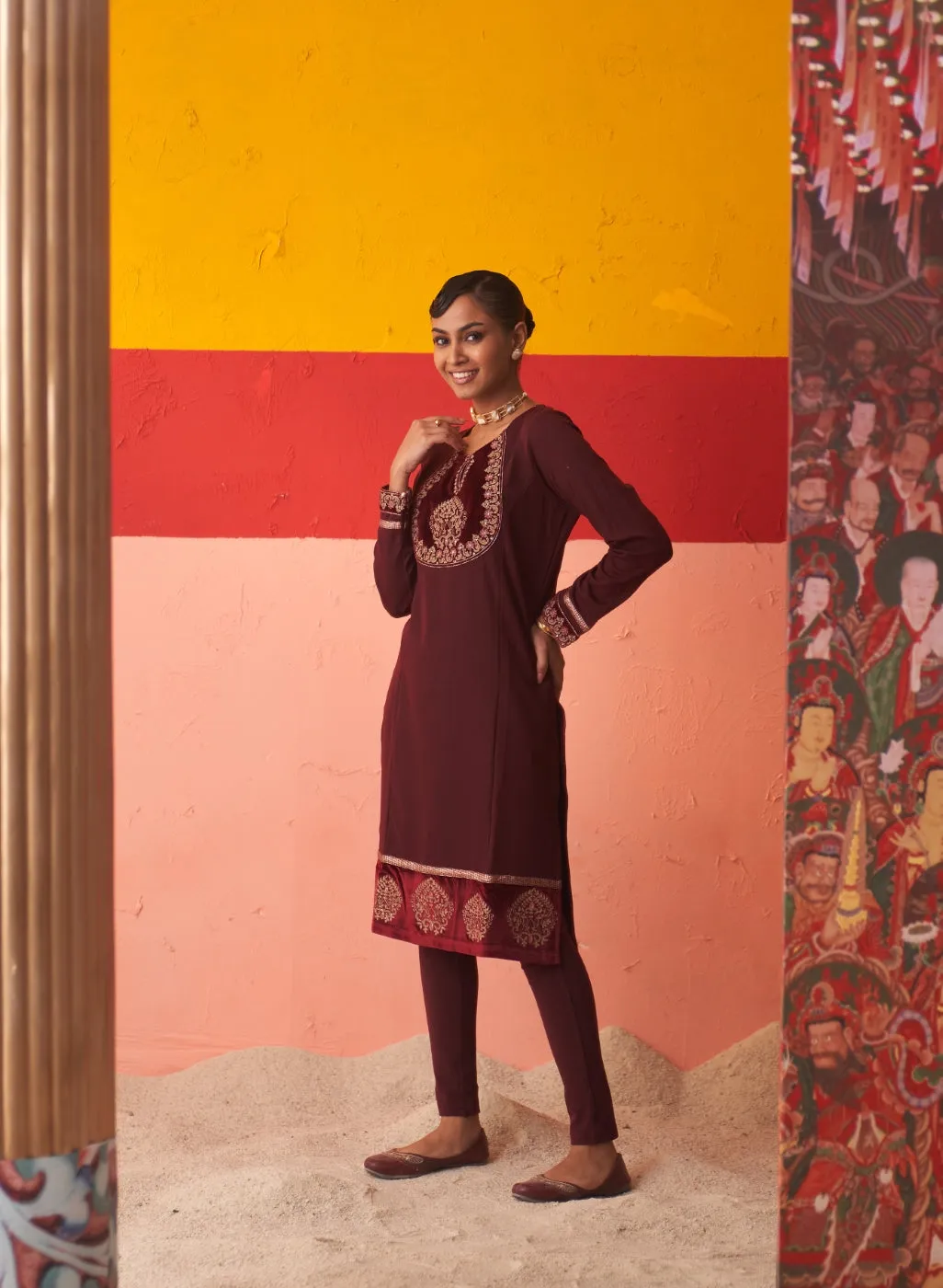 Maroon Women’s Woollen Kurti with Embroidered Yoke and Button Detailing on Cuffs