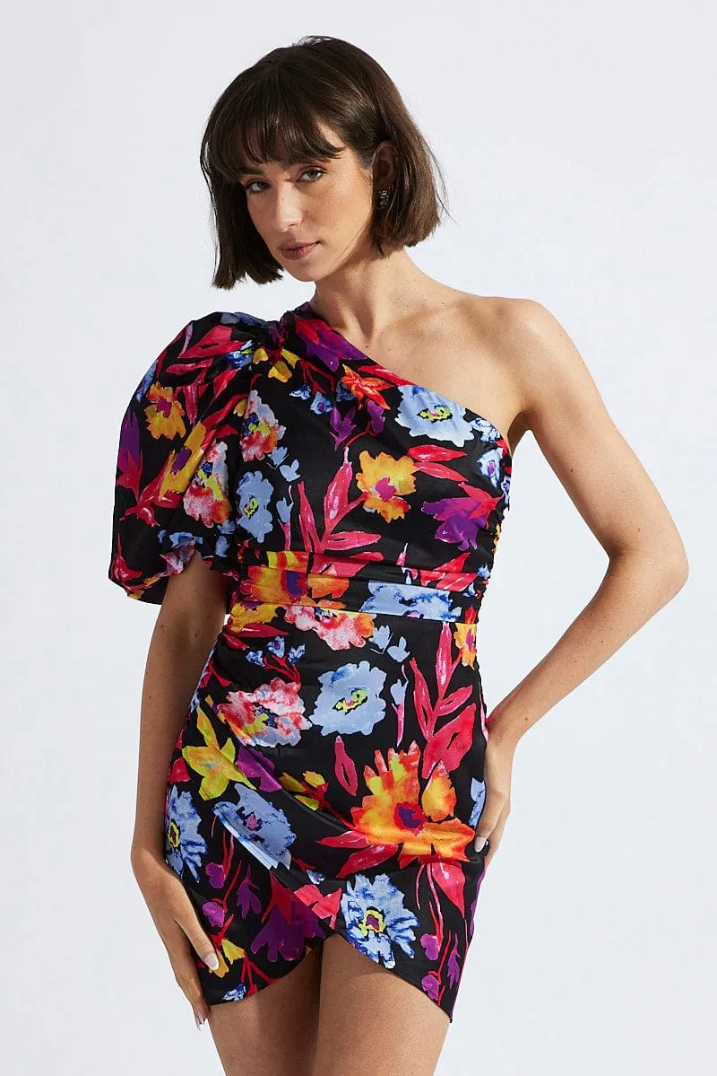Multi Floral One Shoulder Puff Sleeve Statement Mini Dress