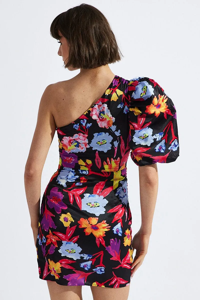Multi Floral One Shoulder Puff Sleeve Statement Mini Dress