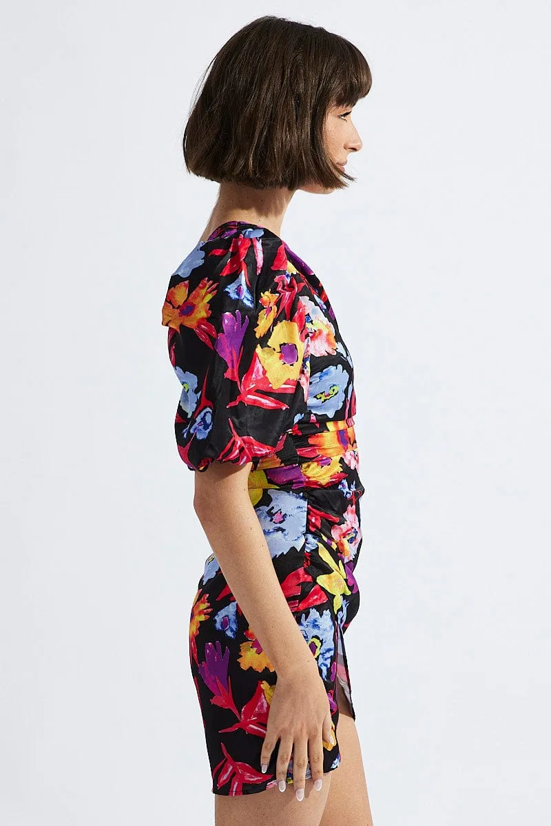 Multi Floral One Shoulder Puff Sleeve Statement Mini Dress