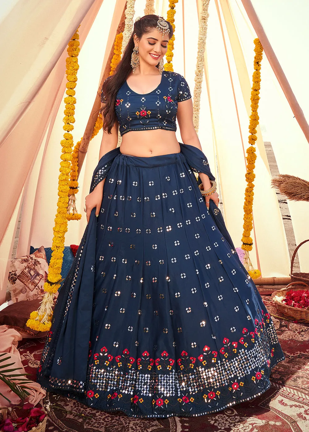 Navy Blue Sequined Wedding Function Wear Lehenga Choli