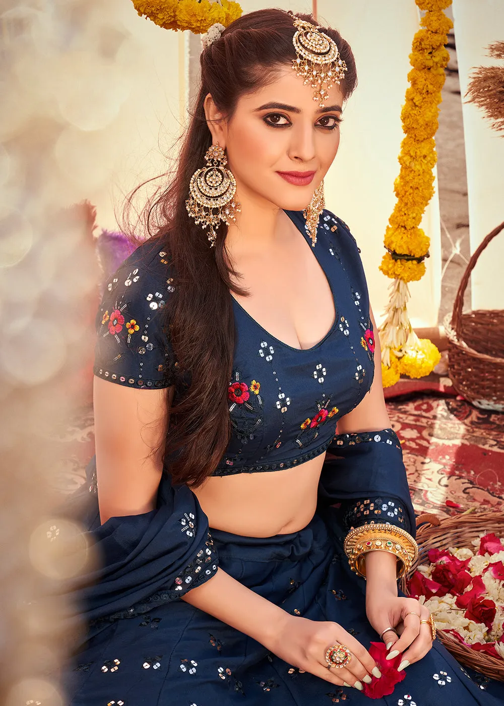 Navy Blue Sequined Wedding Function Wear Lehenga Choli