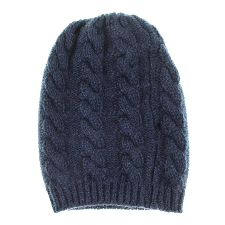 Navy Cable Knit Cashmere Slouch Beanie