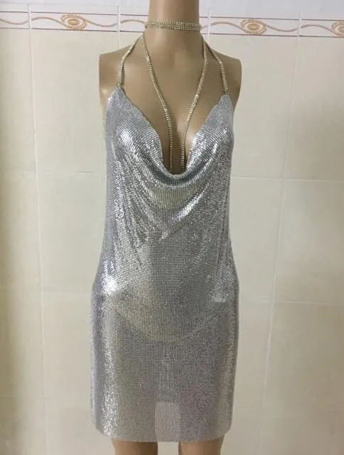 New arrival celebrity sexy dress sparkly halter backless metal dresses Kendall Jenner's 21st Birthday Outfits 2018