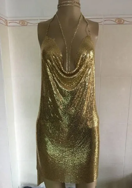 New arrival celebrity sexy dress sparkly halter backless metal dresses Kendall Jenner's 21st Birthday Outfits 2018