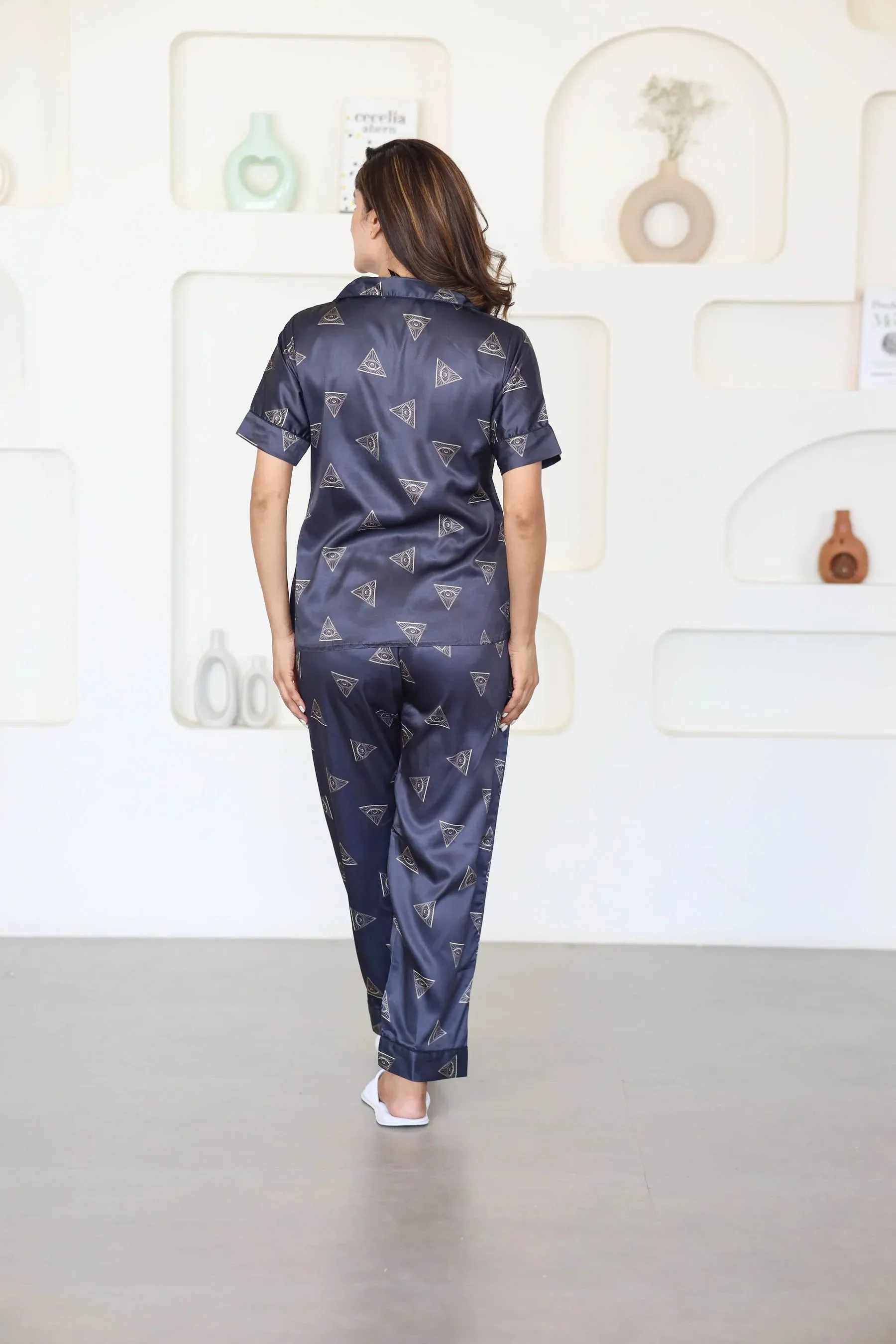 Night Wear Satin Black Color Triangle Print Night Suit