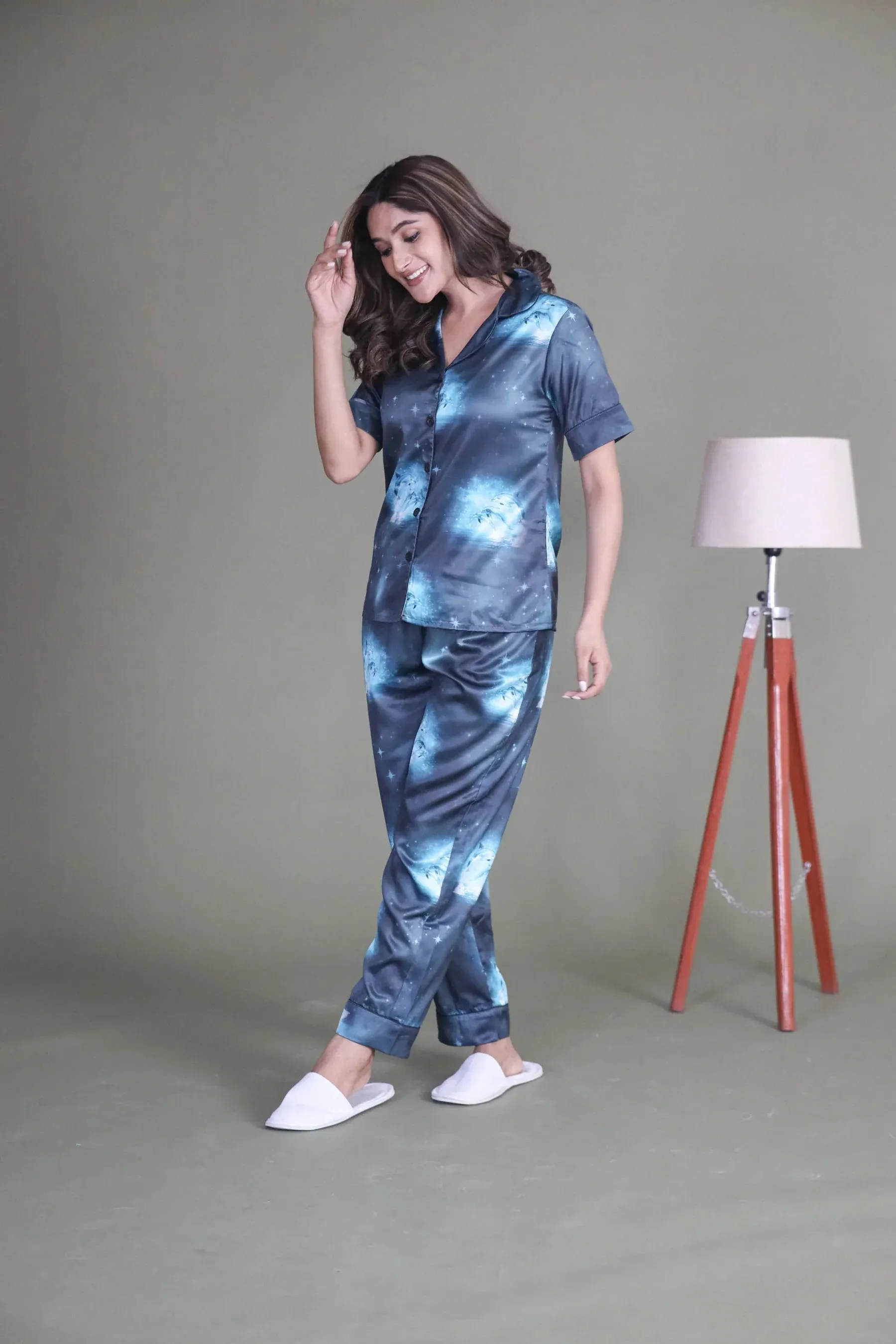Night Wear Satin Blue Color Dolphin Print Night Suit