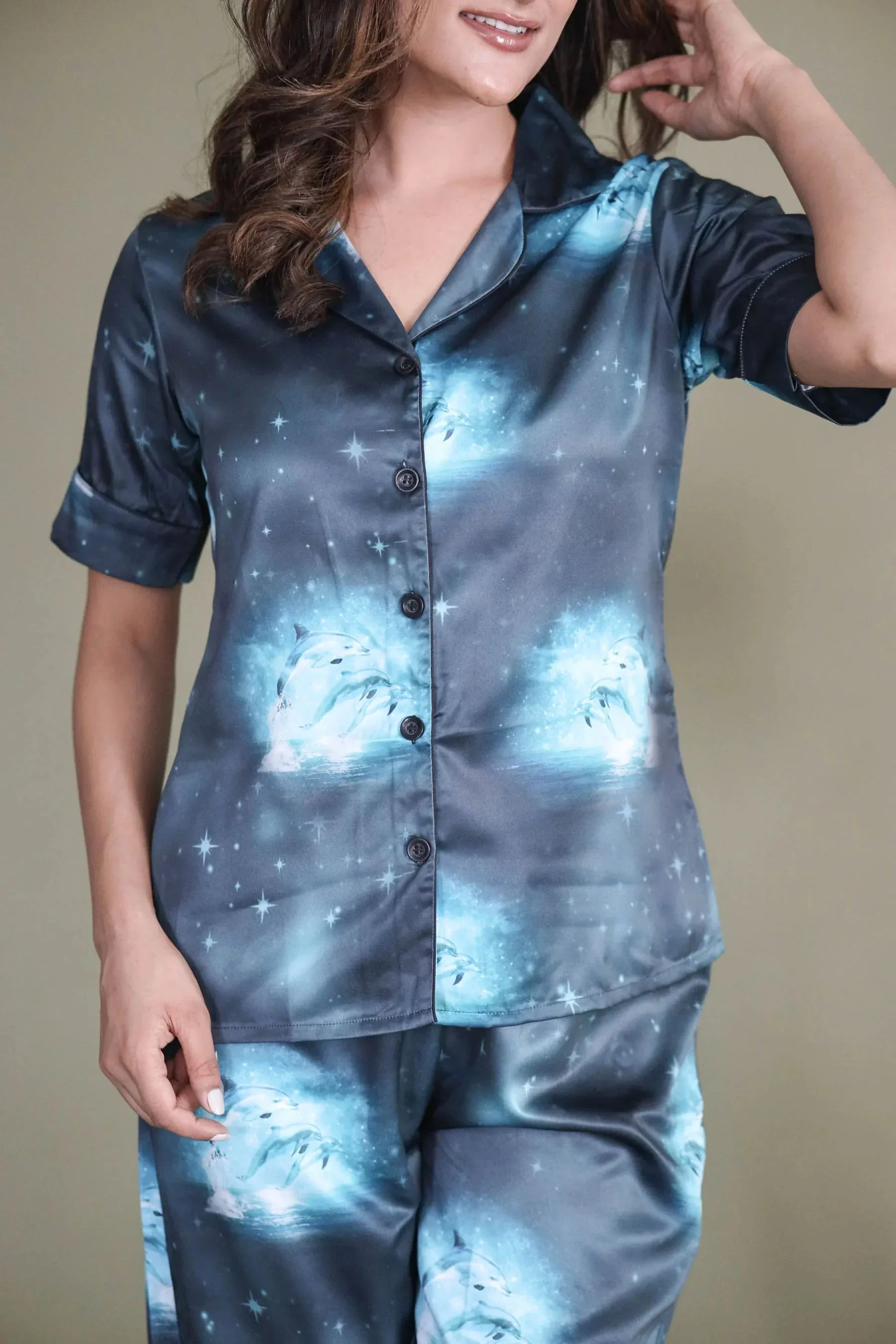 Night Wear Satin Blue Color Dolphin Print Night Suit