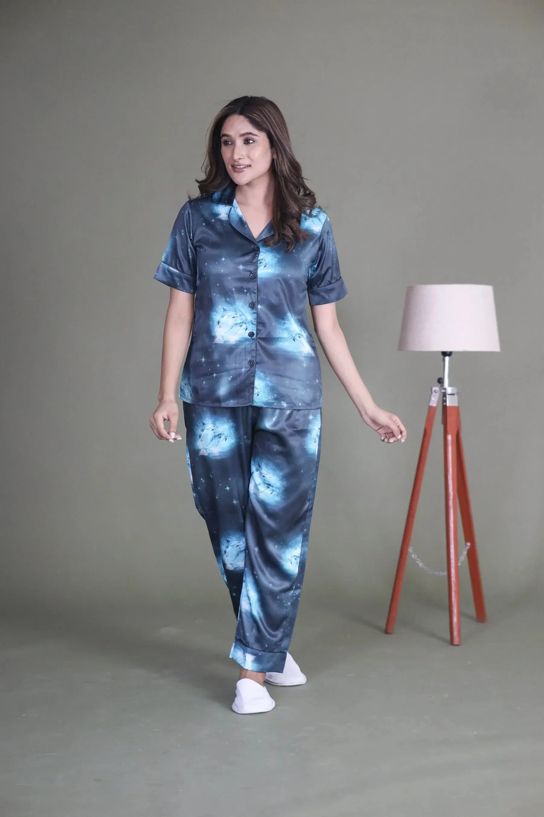 Night Wear Satin Blue Color Dolphin Print Night Suit