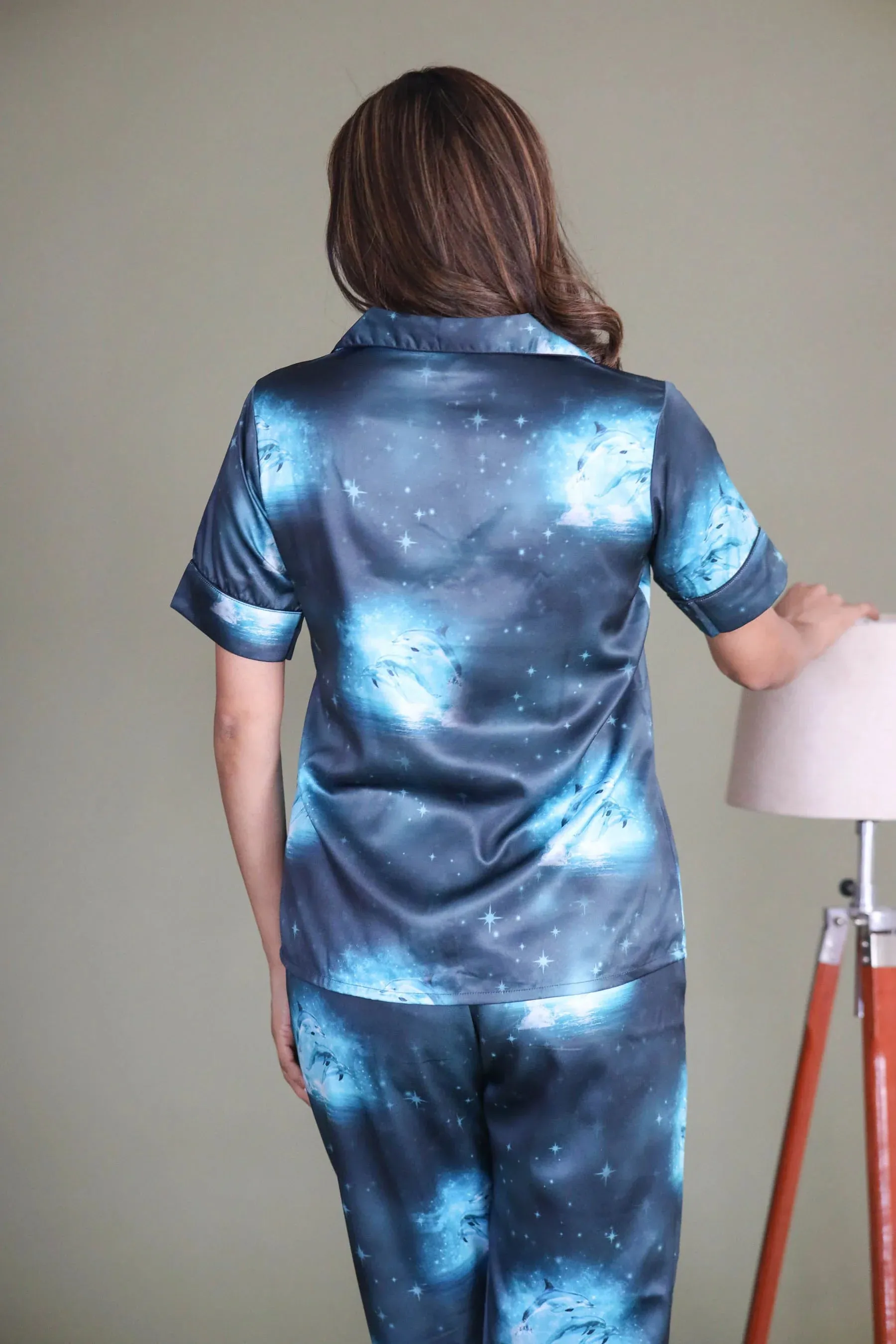 Night Wear Satin Blue Color Dolphin Print Night Suit