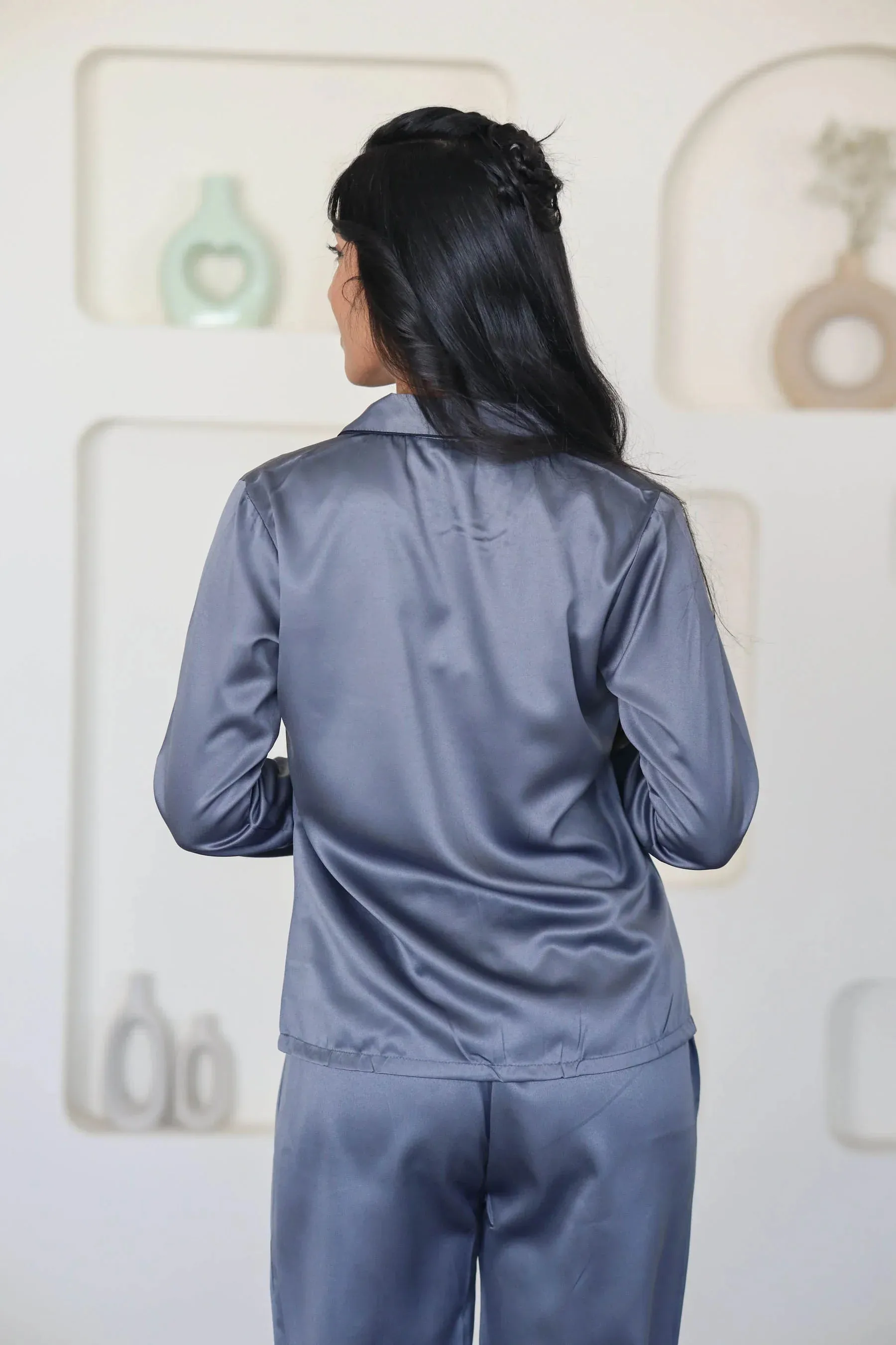 Night Wear Satin Dark Grey Night Suit