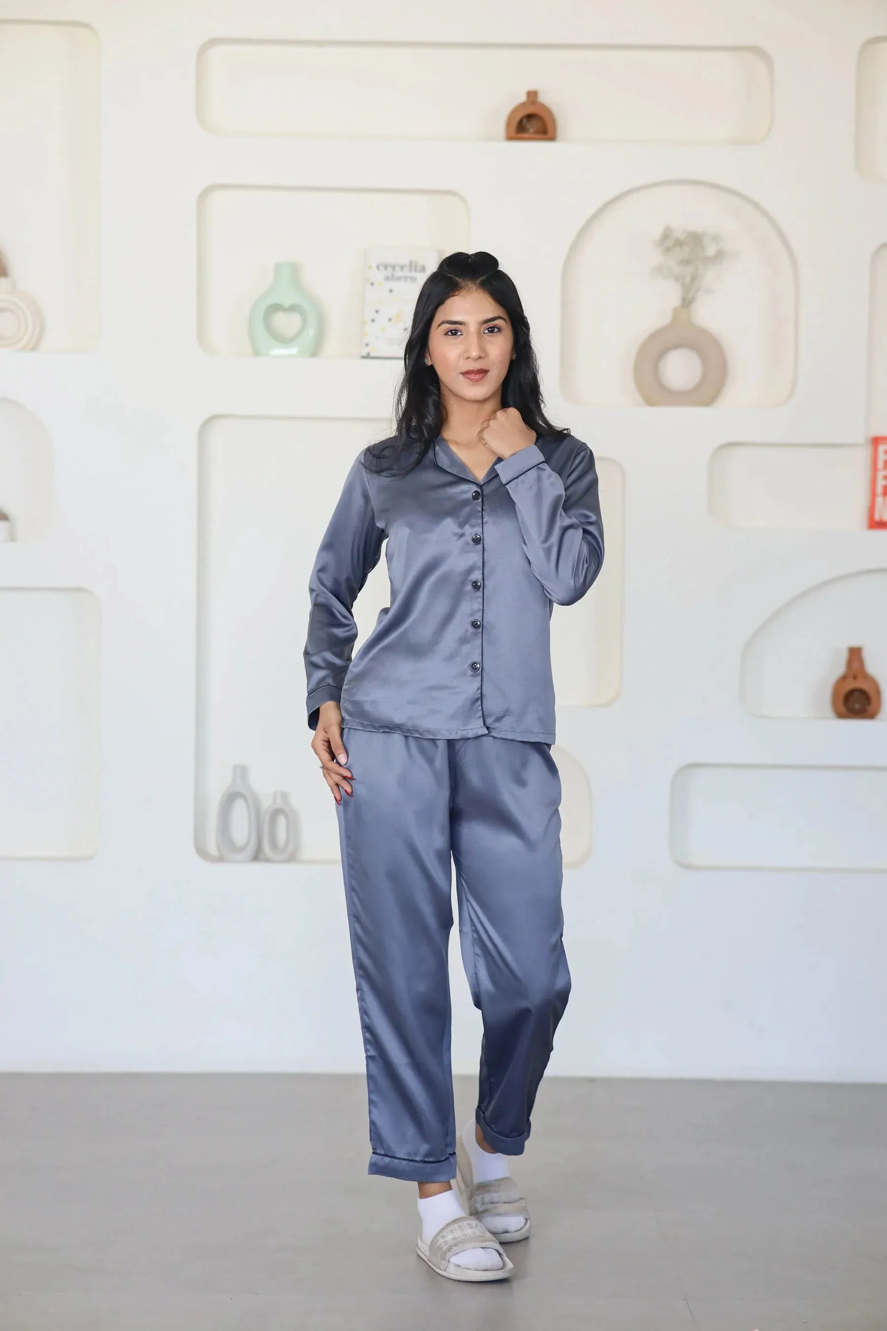 Night Wear Satin Dark Grey Night Suit
