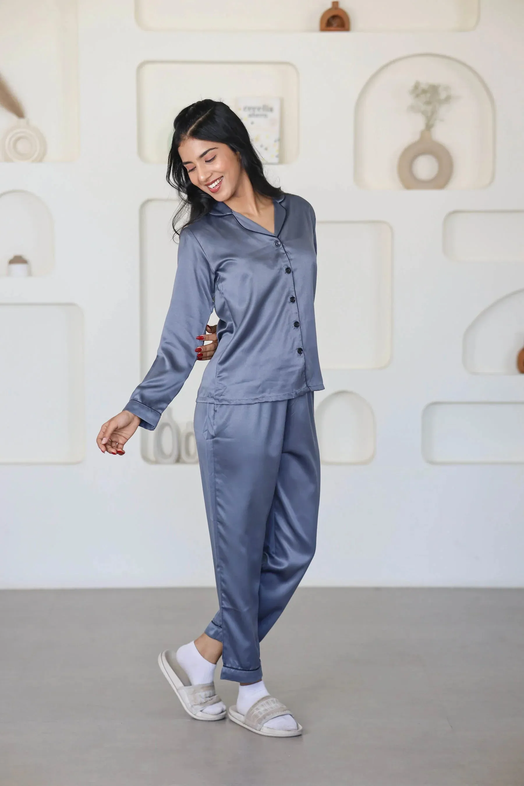 Night Wear Satin Dark Grey Night Suit