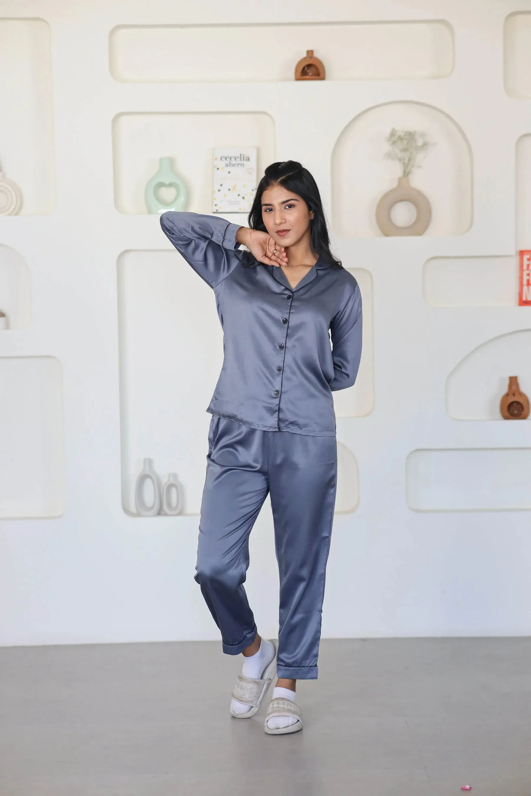 Night Wear Satin Dark Grey Night Suit