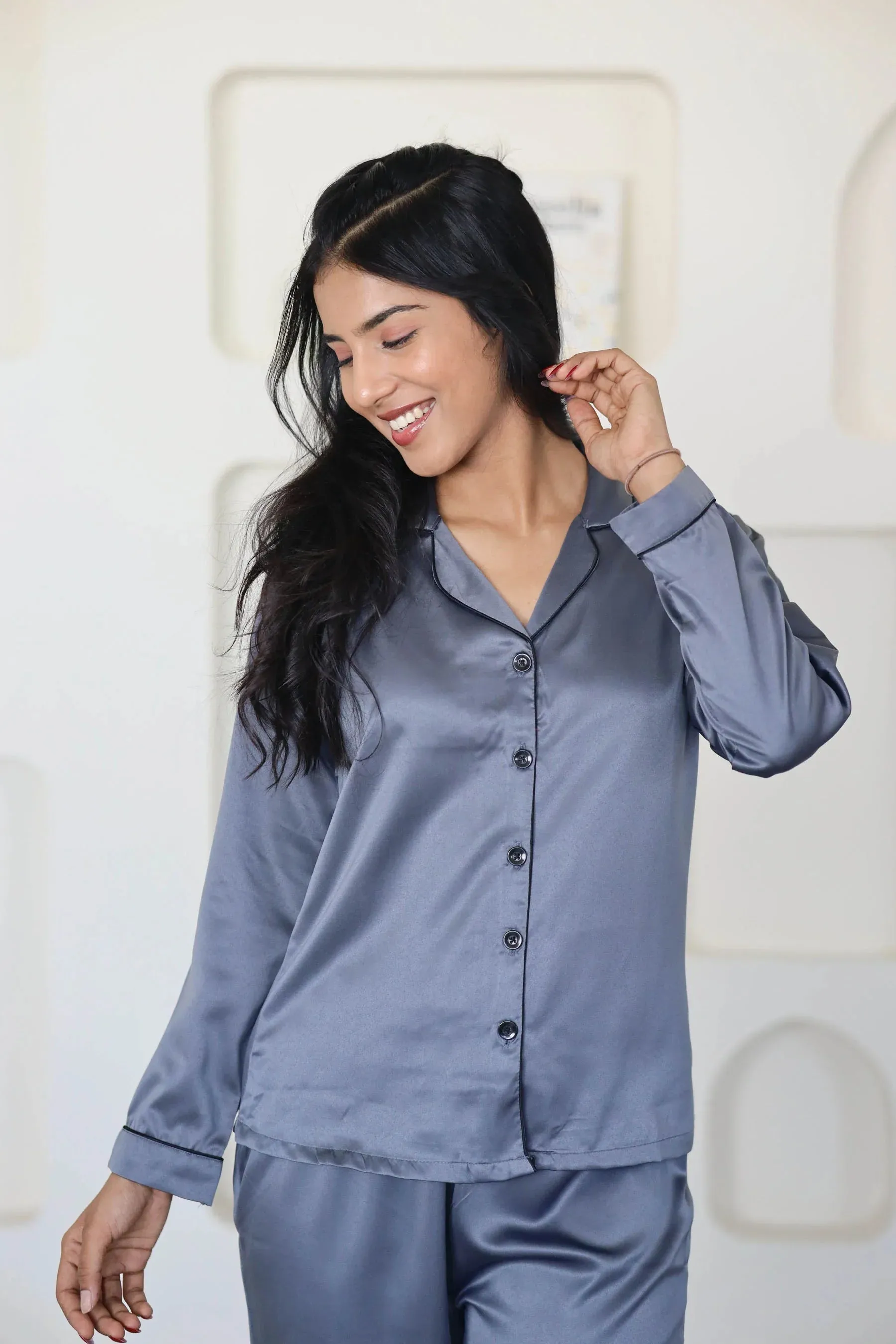 Night Wear Satin Dark Grey Night Suit