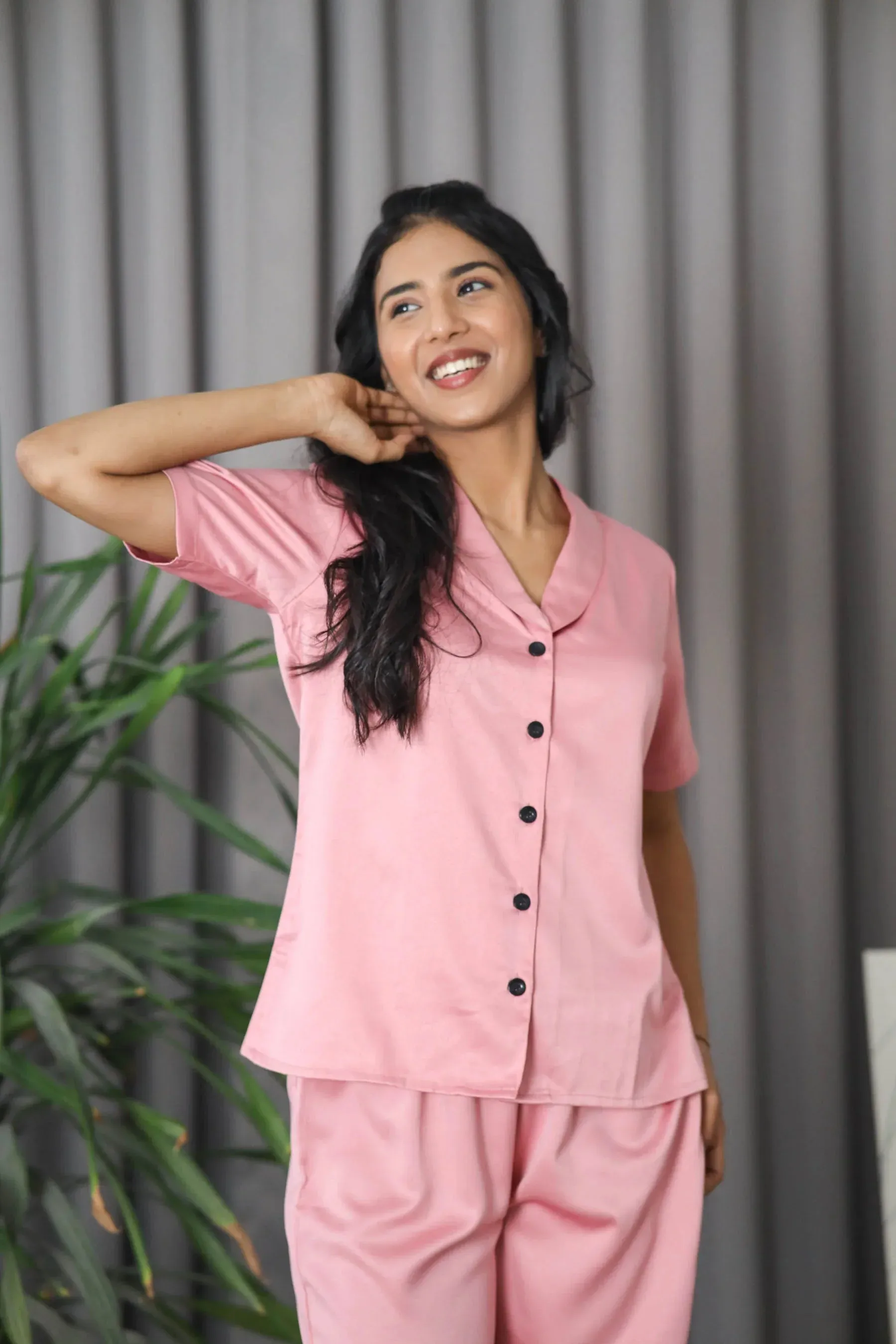 Night Wear Satin Shoulder Collar Rose Gold Color Night Suit