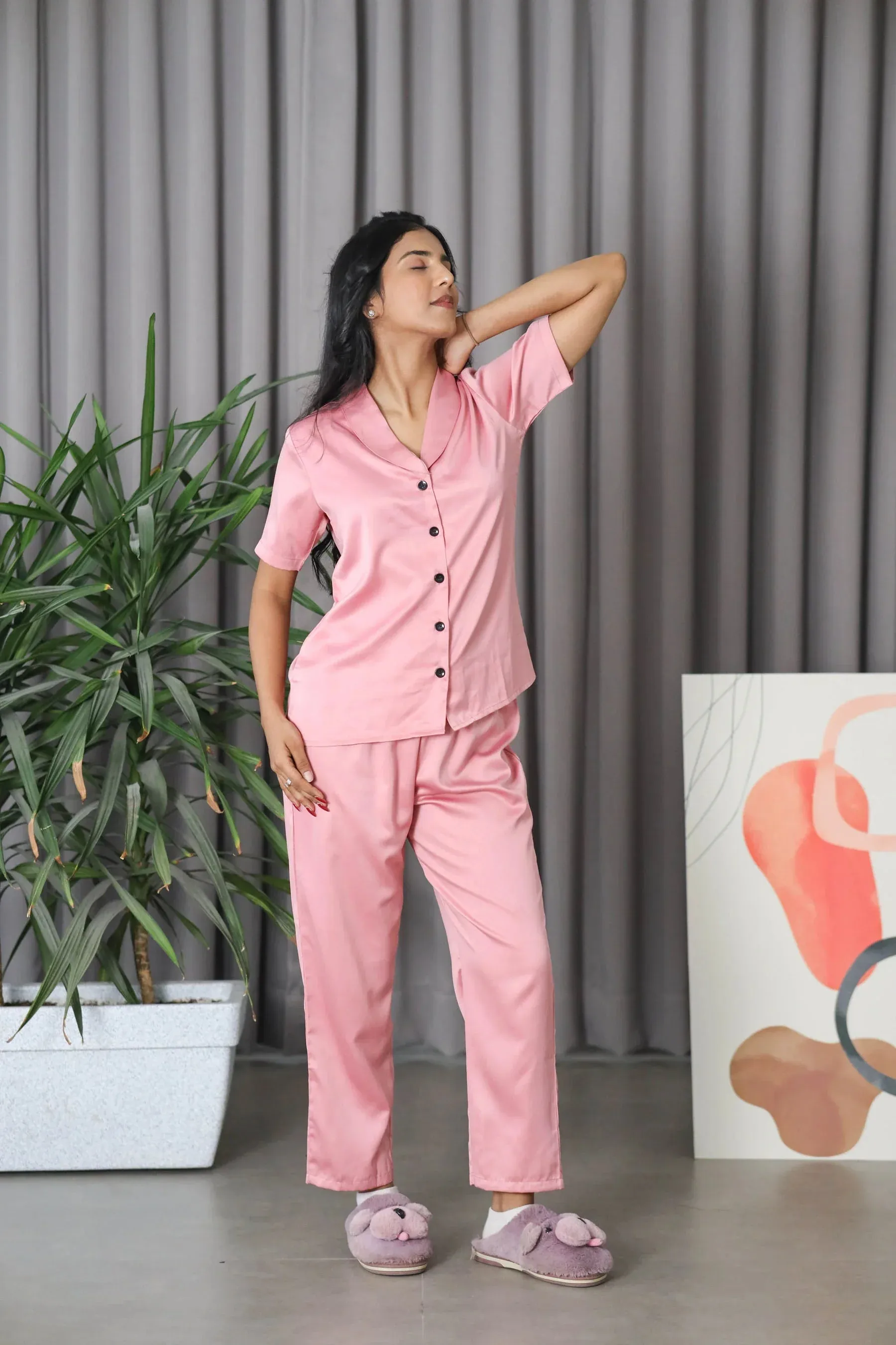 Night Wear Satin Shoulder Collar Rose Gold Color Night Suit