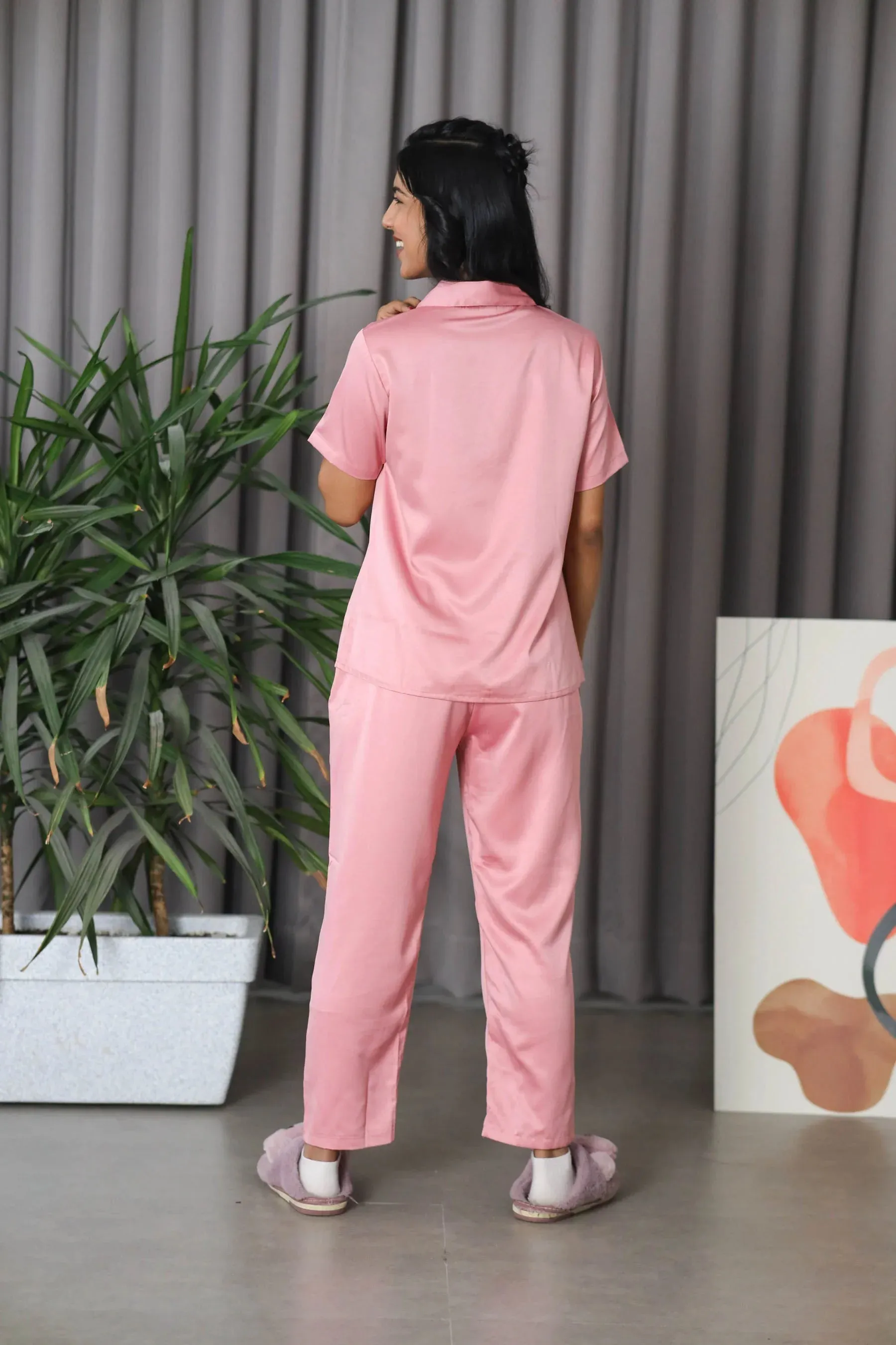 Night Wear Satin Shoulder Collar Rose Gold Color Night Suit