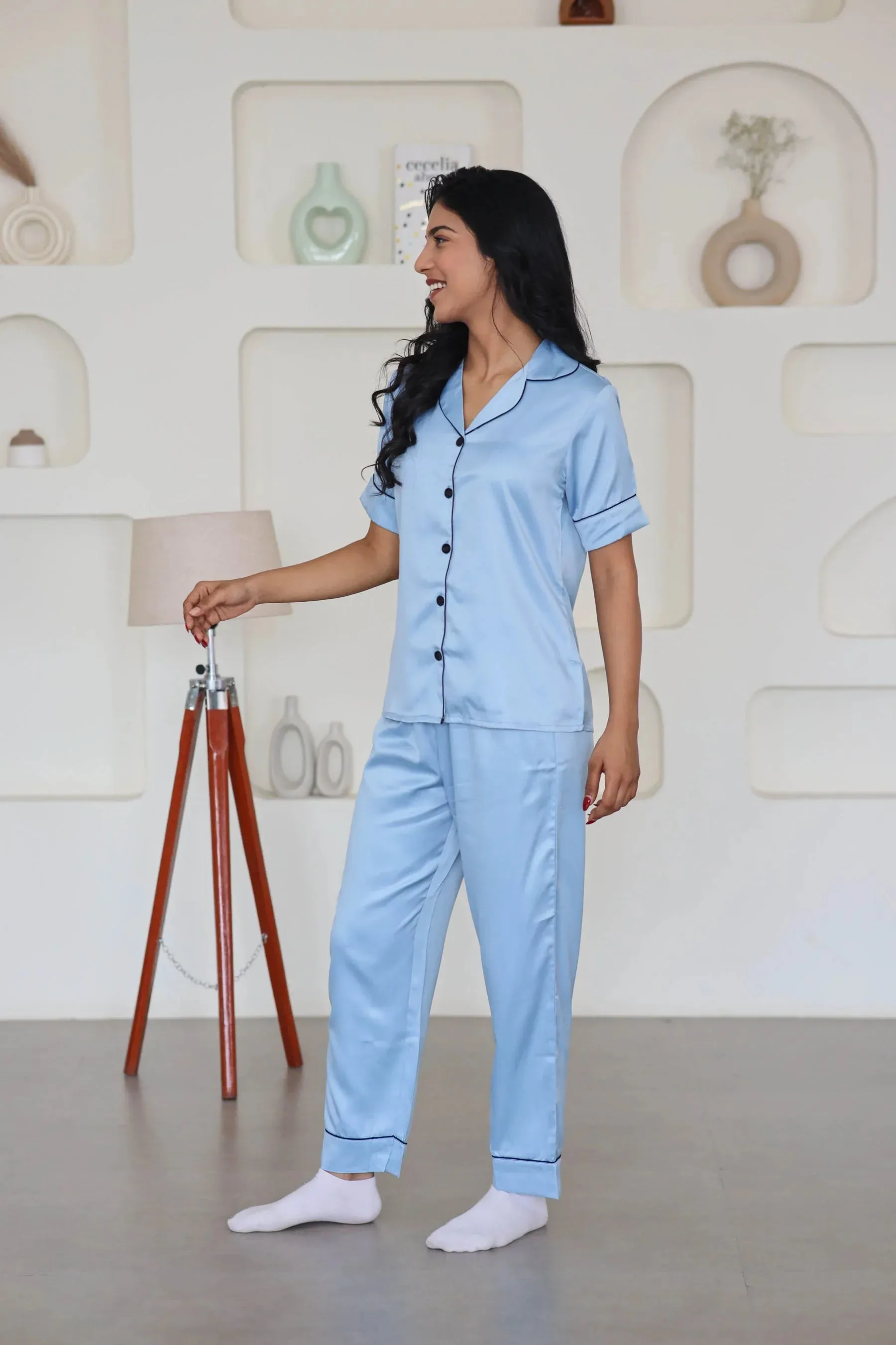 Night Wear Satin Slate Blue Color Night Suit